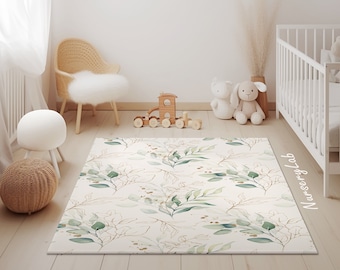 Green Leaves Nursery Rug: Washable Soft Play Area Rug