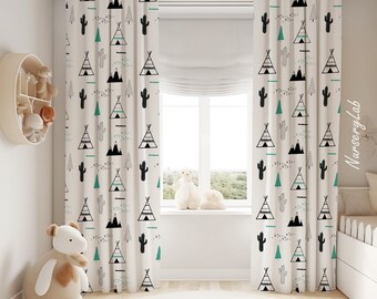 May include: White curtains with a black and green pattern of teepees, cacti, and mountains. The pattern is repeated throughout the curtains.