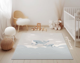 Cute Whale Rug, Nursery Rug, Kids Area Rug, Washable Non Slip Soft Rug, Play Rug, Boys Rug