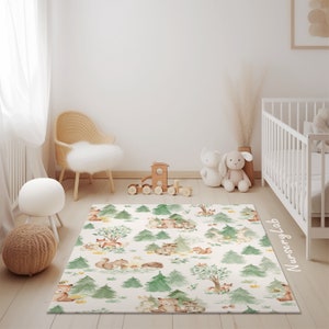 Teppich von Waldtieren, Wollteppich für Kinder, Kinderzimmer, Kinderteppich, Waschbar, Rutschfest