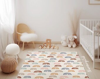Boho Rainbow Nursery Rug: Soft, Washable, Non-Slip Kids Play Area