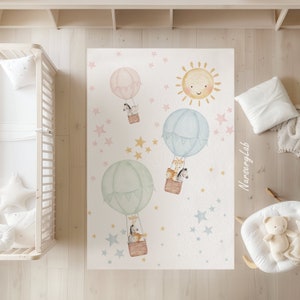 Teppich mit Heißluftballons und Safari-Tieren, Kinderteppich, Kinderteppich, Waschbar, Nicht Rutschfest