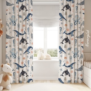 Watercolor Ocean Animals Baby Boy Room Curtain Nursery Curtains Window Curtains