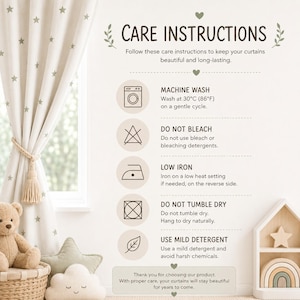 May include: A care instruction graphic for curtains featuring a beige background with dark text and icons. It lists machine wash at 30&deg;C (86&deg;F), do not bleach, low iron, do not tumble dry, and use mild detergent. The text includes CARE INSTRUCTIONS.