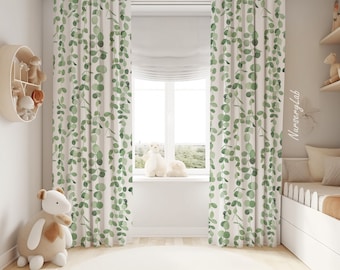 Watercolor Green Leaves Baby Girl Room Curtain Nursery Curtains Window Curtains