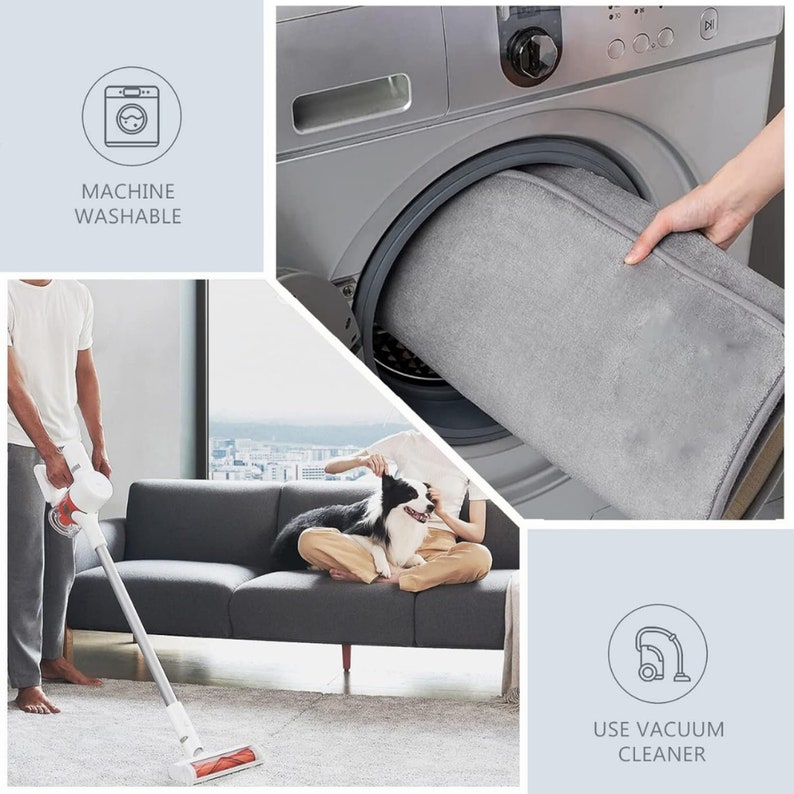 May include: A gray rug being washed in a washing machine, vacuumed, and used in a living room. The image includes text that says "MACHINE WASHABLE" and "USE VACUUM CLEANER". A person is vacuuming the rug with a white and orange vacuum cleaner.