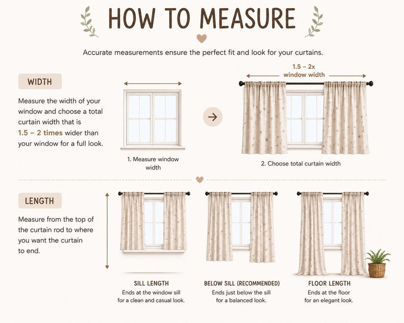 May include: An instructional infographic titled HOW TO MEASURE with diagrams showing how to measure window width and curtain length. It illustrates choosing a total curtain width 1.5 to 2 times the window width and three length options: sill, below sill, and floor length.