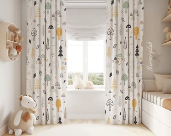 May include: Floor-length curtains featuring a repeating pattern of stylized trees, acorns, and rainbows in muted shades of mustard yellow, sage green, and black on a white background. The fabric hangs in vertical folds covering a window area.