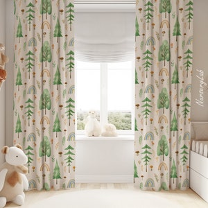 Watercolor Woodland Trees Baby Boy Room Curtains Nursery Curtains Window Curtains