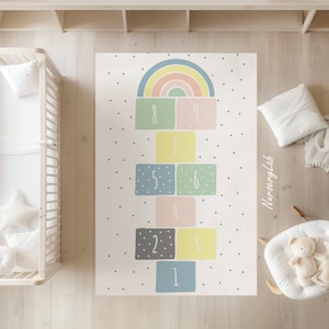Regenbogen Hopscotch Teppich, Kinderteppich, Kinderteppich, Waschbar, Rutschfest, Weich, Spielteppich, Teppich für Mädchen
