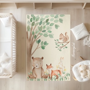 Handgeknüpfter Teppich von Waldtieren, Kinderteppich, Kinderteppich, Waschbar, Rutschfest