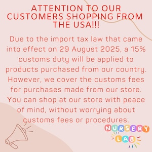 May include: Text on a light red background reads: "ATTENTION TO OUR CUSTOMERS SHOPPING FROM THE USA!!!" and details about import tax laws. The Nursery Lab logo is at the bottom right.