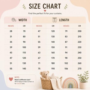 May include: A beige size chart for curtains featuring columns for width and length in inches and centimeters. The chart includes a note about custom sizes, a teddy bear in a woven basket, a wooden rainbow, and a small potted plant at the bottom.