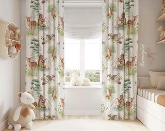 Watercolor Forest Animals Baby Boy Room Curtain Nursery Curtains Window Curtains