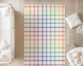 Pastel Rainbow Plaid Nursery Rug Soft Washable Non-Slip