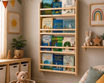 Regał ścienny Montessori, 4 półki, drewniany regał na książki dla dzieci, półka ścienna do pokoju dziecięcego