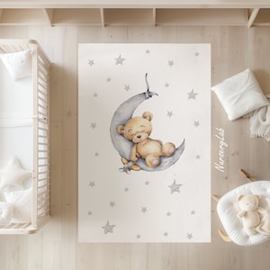 Teddybär und Mond Teppich, Teppich für Kinder, Kinderteppich, Waschbar, Rutschfest