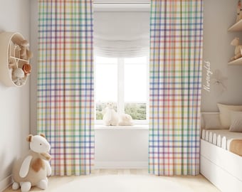 Pastel Rainbow Plaid Baby Girl Room Curtain Nursery Curtains Window Curtains