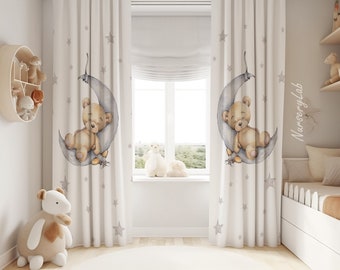 Teddy Bear Moon and Stars Baby Boy Room Curtain Nursery Curtains Window Curtains