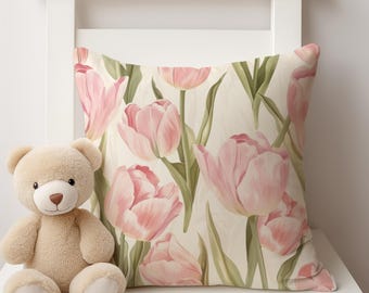Housse de coussin tulipe rose tendre : décoration de chambre en velours de coton