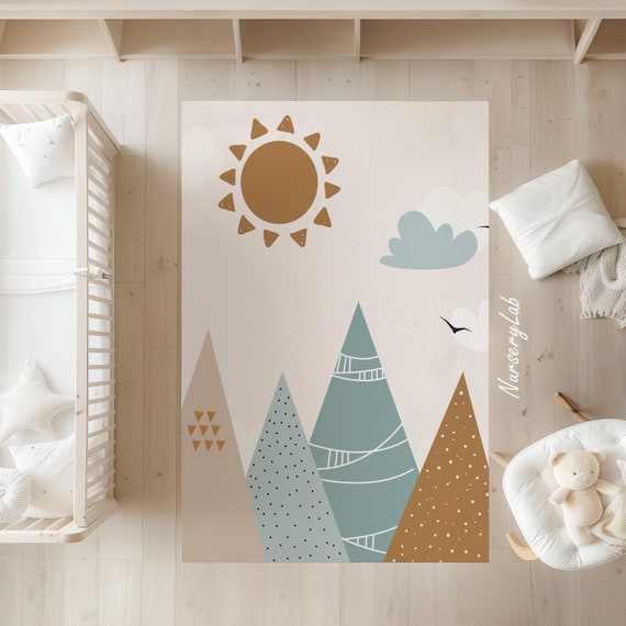 Boho Mountains Kids Rug: Soft, Washable, Non-Slip Nursery Decor