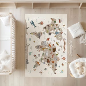 Weltkarte mit niedlichen Tieren Teppich, Teppich für Kinder, Kinderzimmer, Waschbar, rutschfest, Weich, Spielteppich