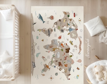 World Map Animal Nursery Rug Soft Washable Kids Play Area