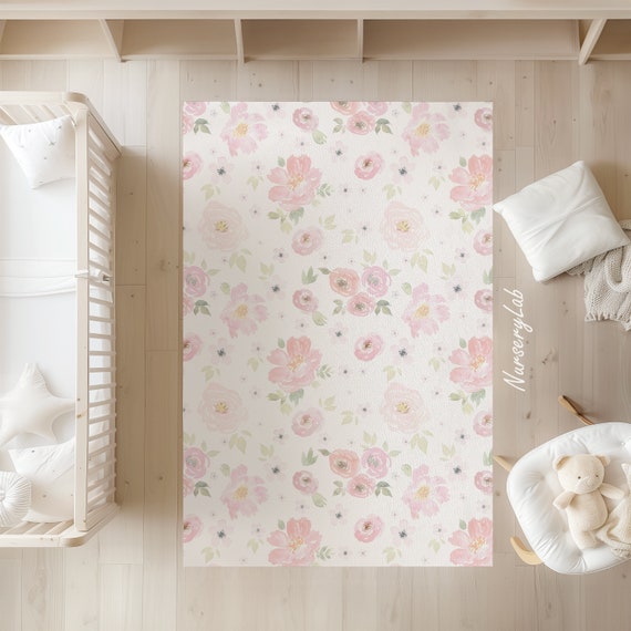 Watercolor Pink Floral Nursery Rug Washable Soft Play Rug
