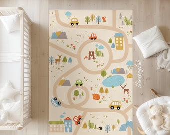 Woodland Animals Car Road Play Rug: Soft Nursery Decor