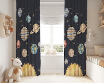 Watercolor Solar System Nursery Curtains: Planets & Stars Baby Boy Room Decor
