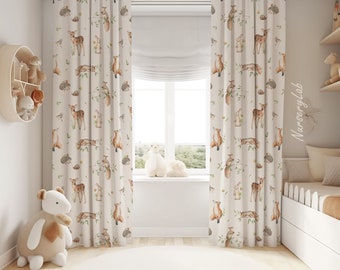 Watercolor Forest Animals Baby Boy Room Curtain Nursery Curtains Window Curtains