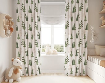 Watercolor Pine Trees Baby Boy Room Curtains Nursery Curtains Window Curtains
