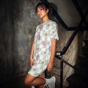 Women&#39;s Checkerboard Smiley Face Flower Power  Dress Boho Rock Concert Outfit Shirt Dress