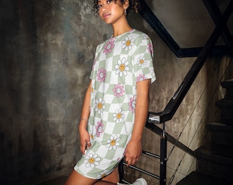 Women's Checkerboard Smiley Face Flower Power  Dress Boho Rock Concert Outfit Shirt Dress
