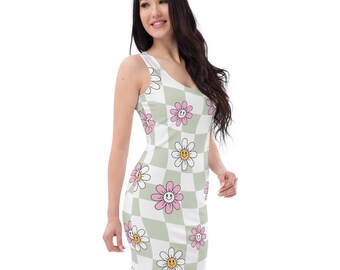 Women's Checkerboard Smiley Face Flower Power Dress Boho Rock Concert Outfit Dress