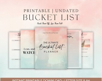 May include: Printable undated bucket list planner with a watercolor background. The planner has sections for travel, experiences, books, and more. The text "The Ultimate Bucket List Planner" is featured on the cover.