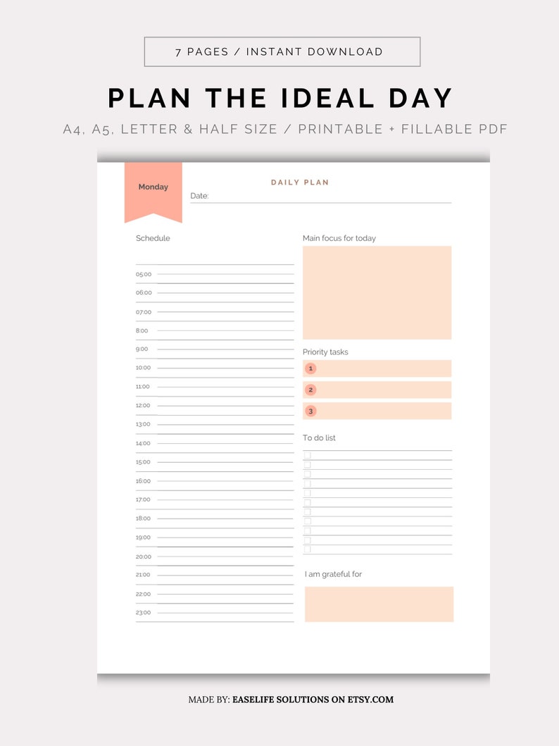 Daily Planner, Printable 7 Day Planner, Weekly Planner, Hourly Planner ...