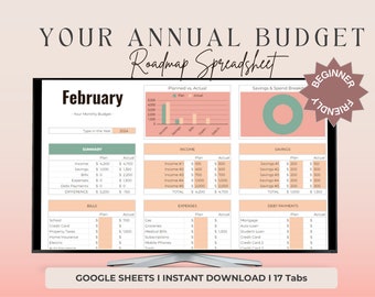 May include: A computer screen displaying a spreadsheet for a monthly budget. The spreadsheet is titled "February" and includes sections for income, savings, expenses, and debt payments. The spreadsheet is designed to be beginner-friendly and includes a visual representation of planned versus actual spending.
