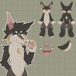 May include: Digital illustration of a cartoon wolf character. The character features black fur with tan and cream details, a crescent moon on its chest, and star-shaped markings. Additional views include a full body pose and facial features.