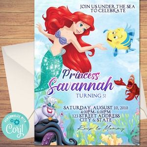 Faire-part d'anniversaire de la petite sirène, faire-part d'anniversaire, faire-part de la petite sirène, modèle d'anniversaire imprimable modifiable Ariel Invitation