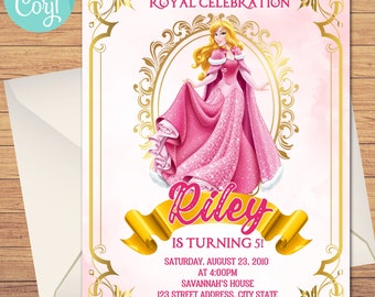 May include: A pink and gold birthday invitation with a princess character. The invitation says "Join us for a Royal Celebration Riley is turning 5!" with the date, time, and location.