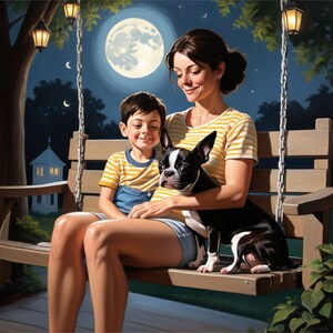 Pode incluir: Uma mulher e uma criança sentam-se num balanço de madeira com um cão Boston Terrier preto e branco. A mulher está vestindo uma camisa listrada amarela e branca e shorts jeans azuis. A criança está vestindo uma camisa listrada amarela e branca e jeans azuis. O cão está sentado no colo da mulher. O fundo é um céu noturno com lua cheia e estrelas.