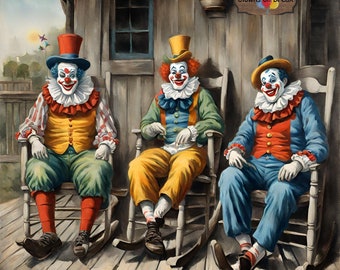 May include: Three clowns wearing colorful costumes and hats are sitting on rocking chairs on a wooden porch. The sign above them reads "Clowns on Break".