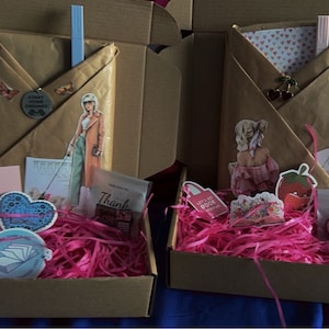 K&ouml;nnte beinhalten: Zwei ge&ouml;ffnete Kartons, gef&uuml;llt mit rosa zerknittertem Papier und verschiedenen kleinen Gegenst&auml;nden. Die Kartons enthalten Aufkleber, Karten und ein kleines Buch, das in braunes Papier eingewickelt ist. Die Kartons sind mit "Vielen Dank f&uuml;r Ihre Unterst&uuml;tzung" beschriftet.