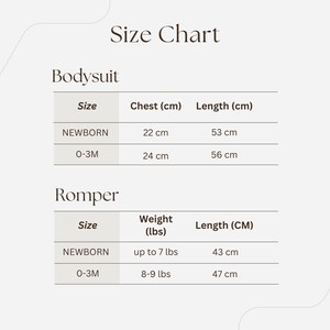 May include: A size chart for baby bodysuits and rompers. The chart includes measurements for newborn and 0-3 month sizes. Bodysuit measurements include chest (22 cm, 24 cm) and length (53 cm, 56 cm). Romper measurements include weight (up to 7 lbs, 8-9 lbs) and length (43 cm, 47 cm).