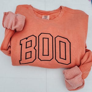 May include: A coral colored sweatshirt with the word "BOO" printed in black outlined letters.