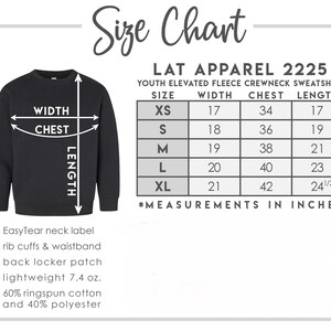 May include: A black youth elevated fleece crewneck sweatshirt with a size chart. The chart lists measurements in inches for width, chest, and length, ranging from XS to XL. Features include an EasyTear neck label, rib cuffs, and a lightweight design.