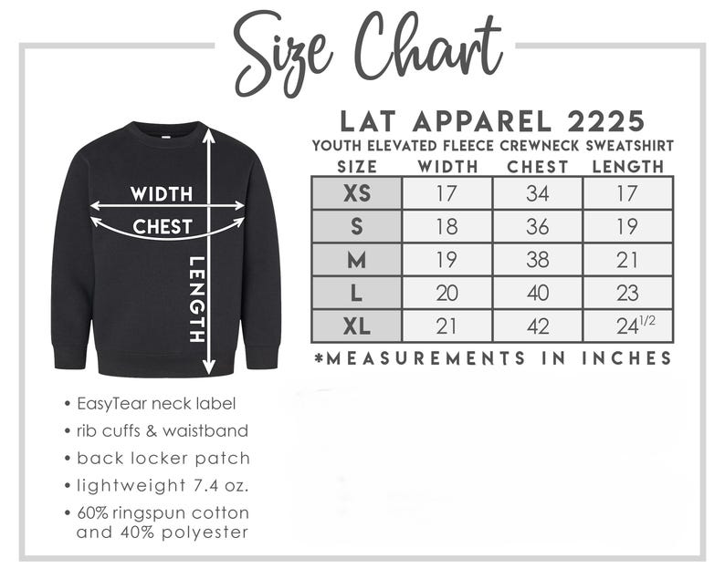 May include: A black youth elevated fleece crewneck sweatshirt with a size chart. The chart lists measurements in inches for width, chest, and length, ranging from XS to XL. Features include an EasyTear neck label, rib cuffs, and a lightweight design.