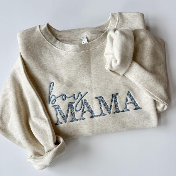 Boy Mama Embroidered Sweatshirt with Blue Floral Pattern Mama Sweatshirt Embroidered for Boy Mom Sweatshirt with Chinoiserie Pattern