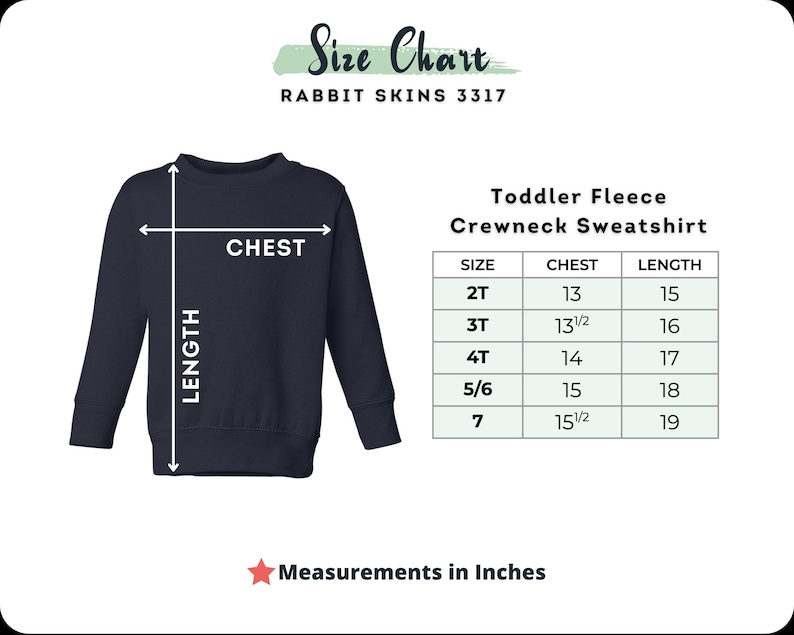 May include: Navy blue toddler fleece crewneck sweatshirt with size chart. The chart shows chest and length measurements in inches for sizes 2T to 7. The text "Size Chart" and "Rabbit Skins 3317" are at the top.